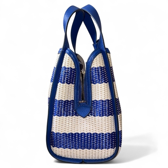 Kate Spade Knott Blue Striped Medium Straw with Leather Trim Crossbody Tote - Picture 8 of 13